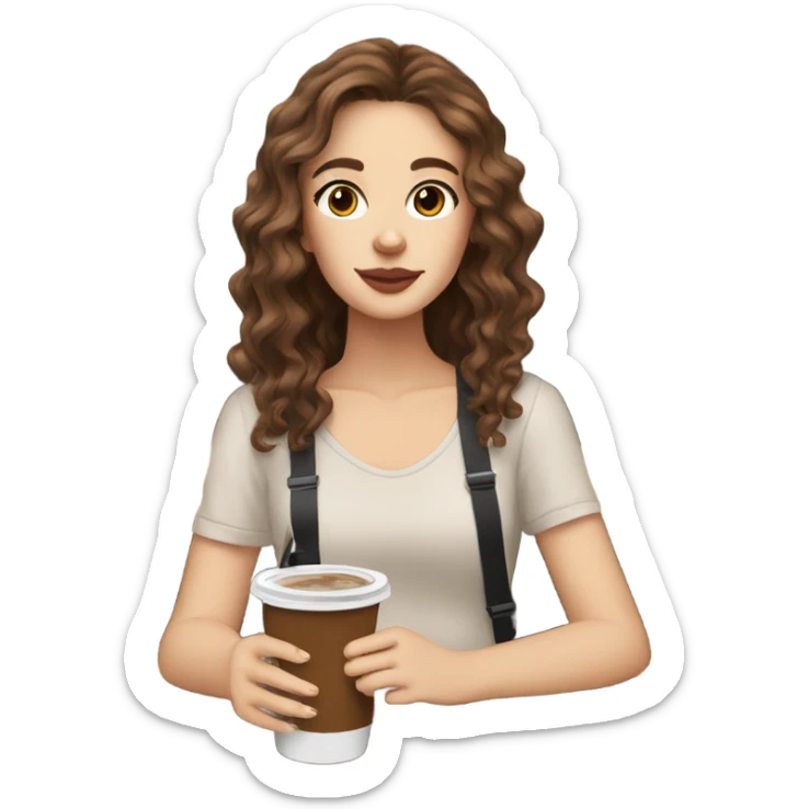 Full body aesthetic white girl with brown wavy hair and brown eyes sipping an iced americano in a cute coffee shop  sticker