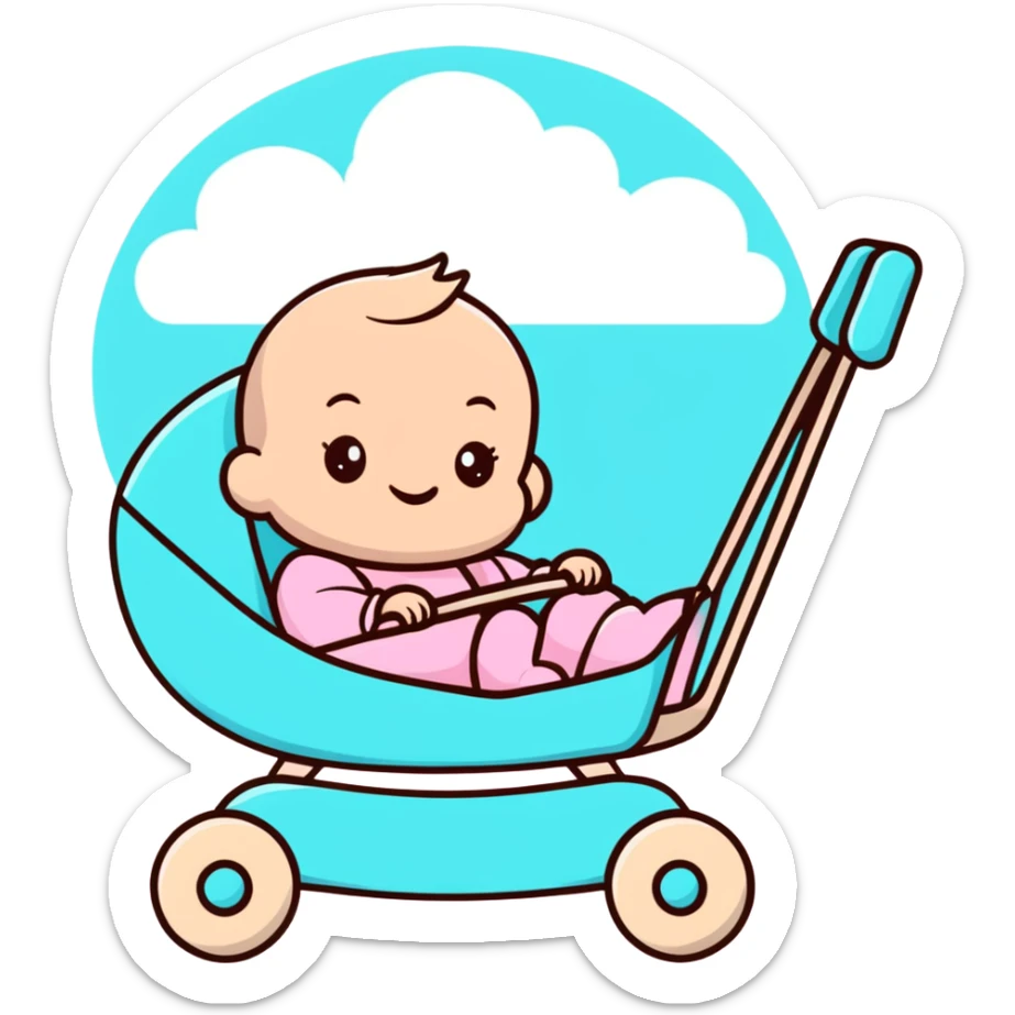 happy baby sitting in pink and beige stroller with pastel blue clouds decoration sticker
