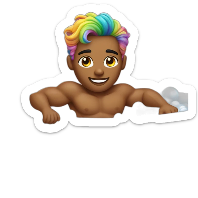 Posh-muscle-boy-with-pearl-necklace-and-rainbow-unicorn-hair-in-golden-bathtub sticker
