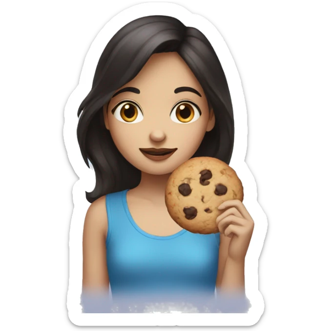 a girl with dark hair, a petite nose, blue eyes, and a cookie in her mouth sticker