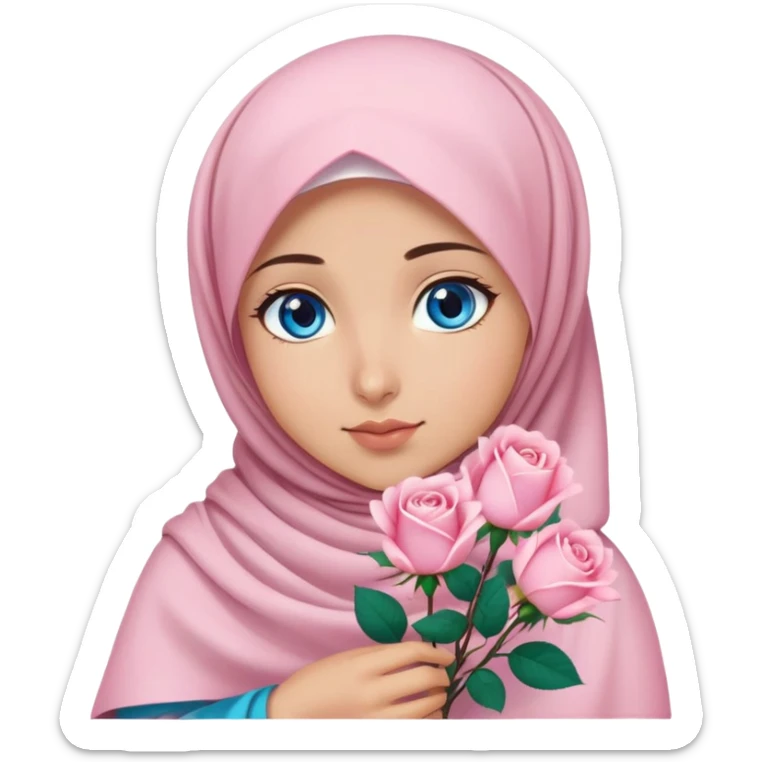 Turkish beautiful finish Konya girl blue eyes with sakura hijab islamic dress and had on her hand light pink roses sticker