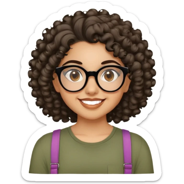 Young Latina with light brown skin. Cheerful round face. Brown eyes behind black glasses. Thick natural eyebrows. Curly hair reaching shoulders, voluminous with defined curls. Big smile showing dimples. Wearing olive green shirt with wide straps. sticker