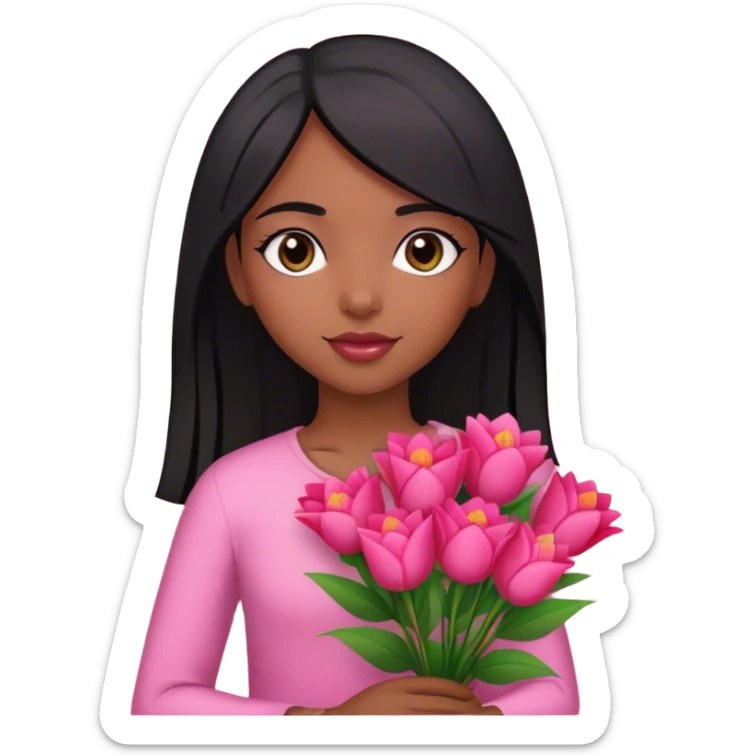 Brazilian girl straight hair with pink and red bouquet of flowers sticker