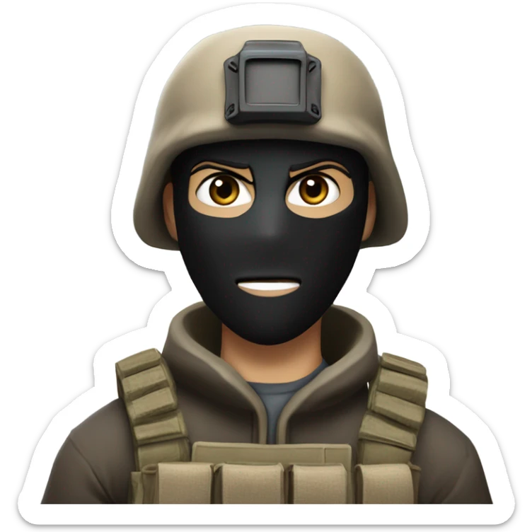 White male, call of duty black mask, camo tactical gear, tan combat boots, black beanie, blue eyes sticker