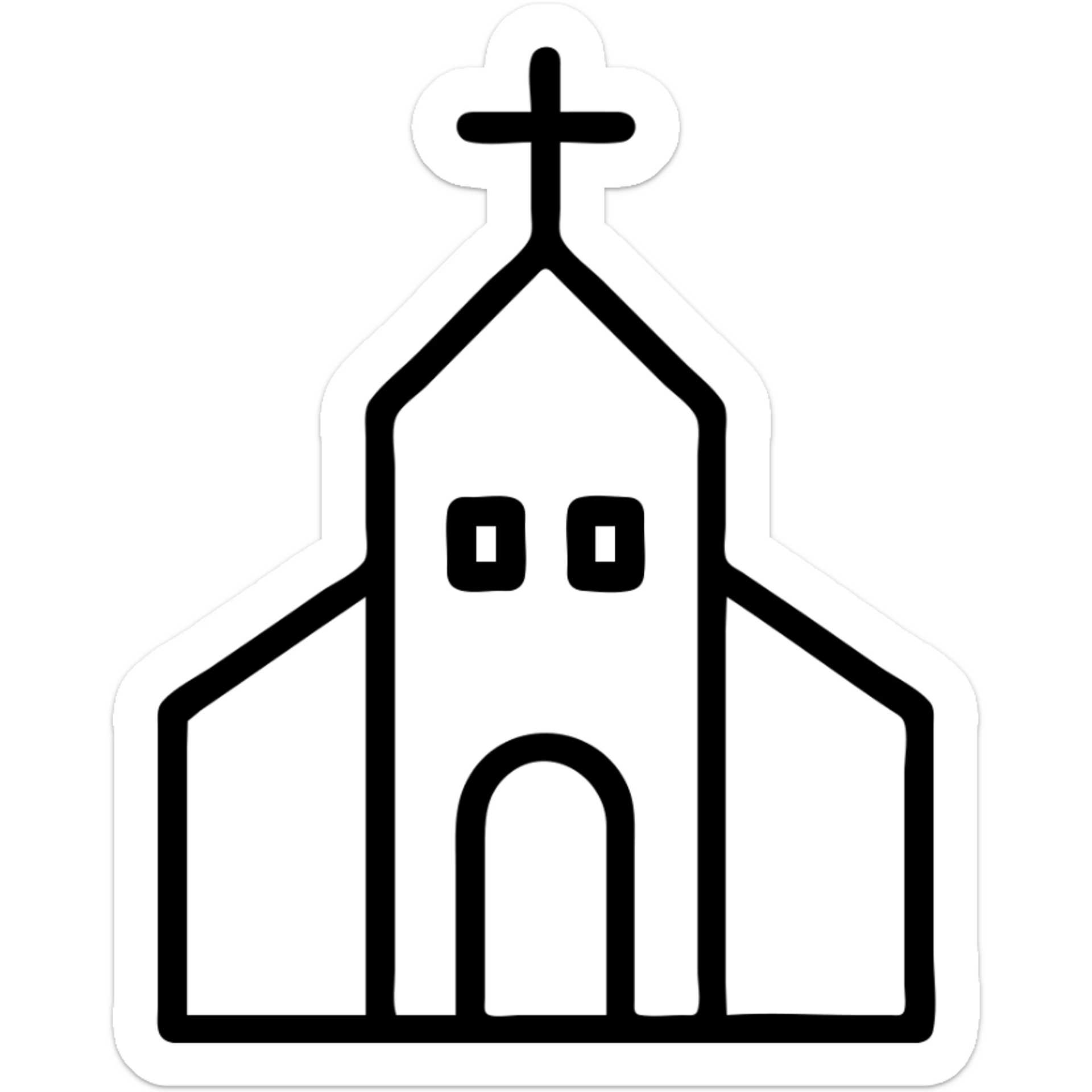 outlined icon of a church with a cross on top, minimal lines, no fill sticker