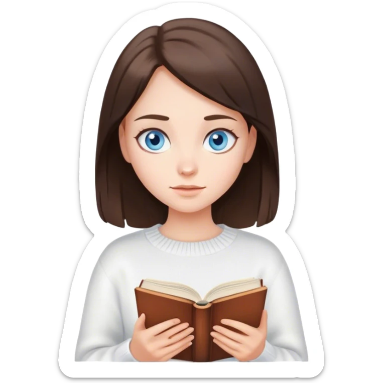 brunette girl with blue eyes in a white sweater reading a book in her hands sticker