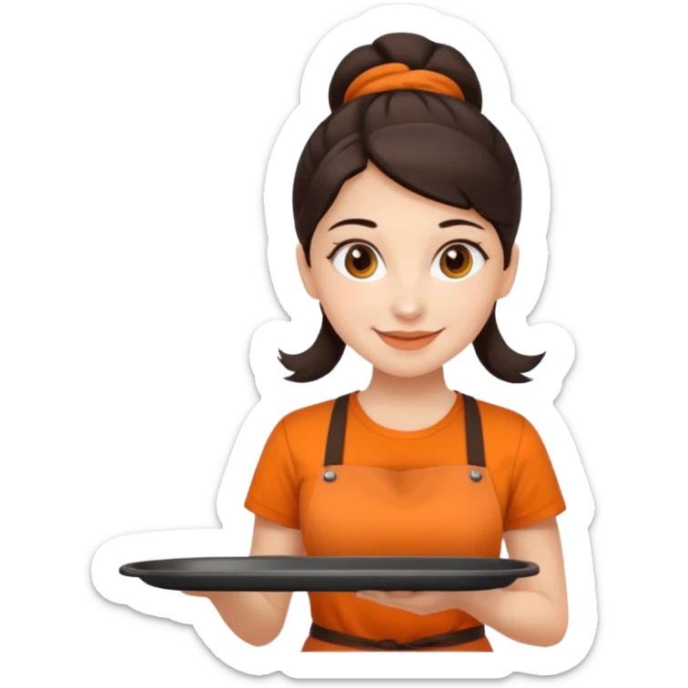 Create an iOS-emoji-style illustration of a cheerful female barista with bright fair skin and dark hair tied back. She wears an orange barista T-shirt and holds a brown serving tray. Style should be soft, rounded, and minimal like Apple emoji. sticker