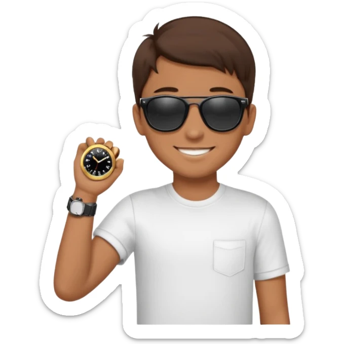 Un niño con pelo lacio color castaño,con lentes de sol negros y un reloj en la mano sticker