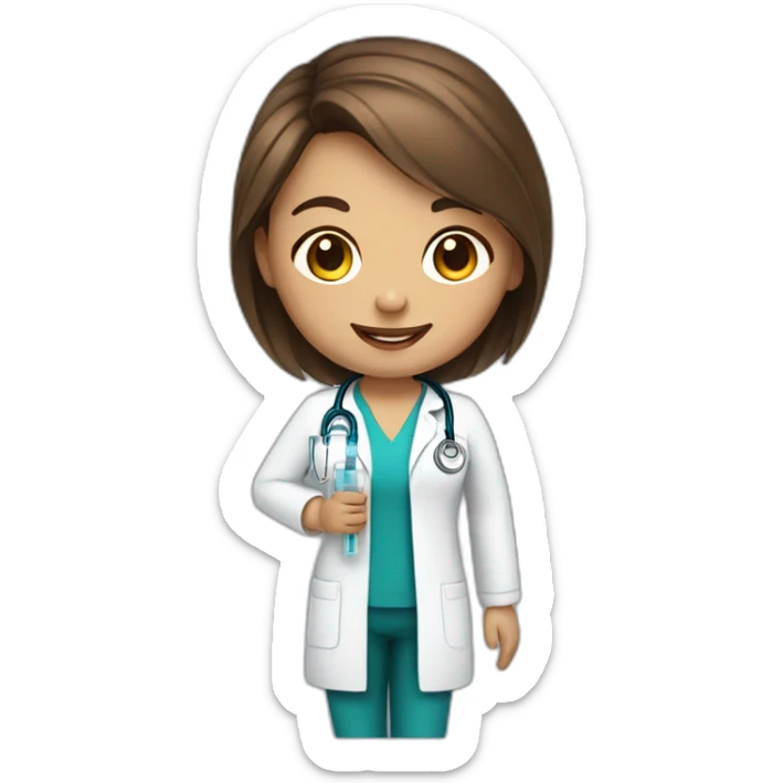 A brown hair girl doctor with light brown skin with syringe smiles sticker