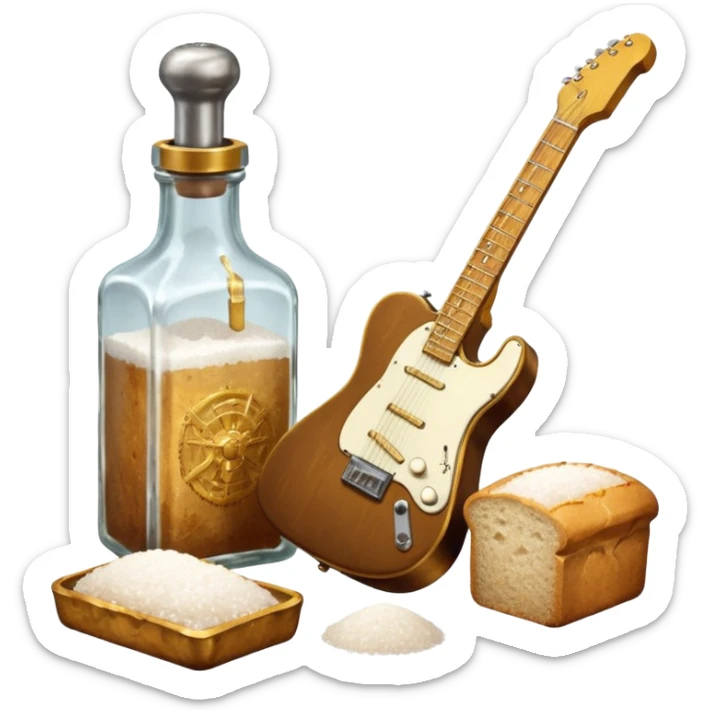 solarpunk ultra HD steampunk victorian - a bottle of salt (salt shaker) and a loaf of peasant bread with a small electric telecaster guitar - still life composition sticker