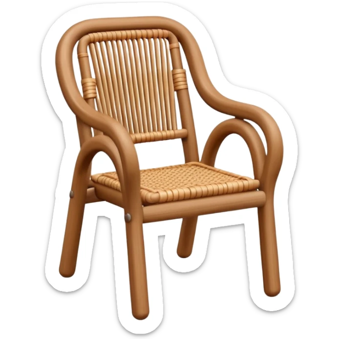 A 3D cartoon wooden chair with woven rattan seat, clean composition, bright background, Memoji-style rendering. sticker