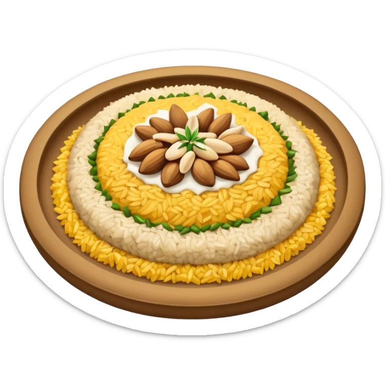 "Emoji of a Jordanian Mansaf dish — round platter with golden rice, lamb pieces, nuts on top, simple cute cartoon style, clean lines, white or transparent background." sticker