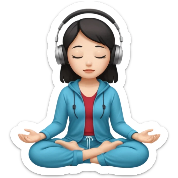 An East Asian woman🧘🏻‍♀️ is sitting cross-legged in a meditation pose, wearing Apple headphones🎧 and listening to music. The song is so beautiful that she has her eyes closed and tears streaming down her face. sticker