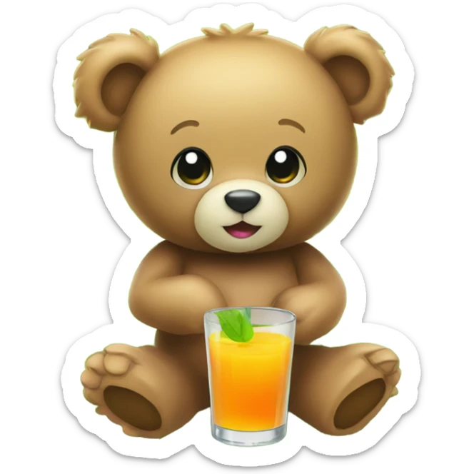 A Teddy bear holding a glass of juice sitting on a patch of green grass sticker