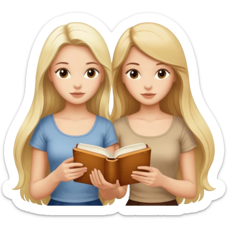 two beautiful girls in beige tops reading a beautiful vintage book. one brunette, the other blonde. both with long hair with and beige T-shirt  sticker