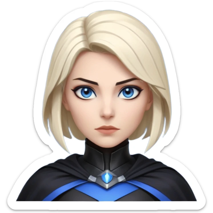 dark sci-fi villain female portrait, head and shoulders only, black armor, cape collar, intense eyes, sharp confident expression, subtle futuristic makeup, dramatic lighting, 3D cartoon, mobile game icon style, clean background, no text, no watermark
 sticker