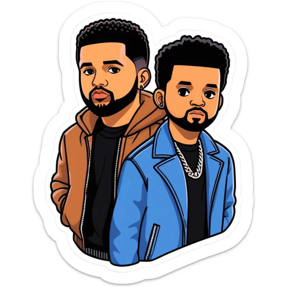 Toronto celebrities and musicians drake and the weeknd, illustration, sticker. must be ultra hyperrealistic, and mirco-detailed, 3D sticker design
 Must be 8k hd, 8000x8000px resolution. Must use very thin transparent smooth lines sticker