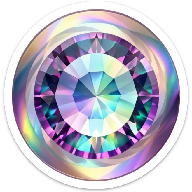 Round cut gemstone of mystic quartz with swirling holographic colors inside sticker