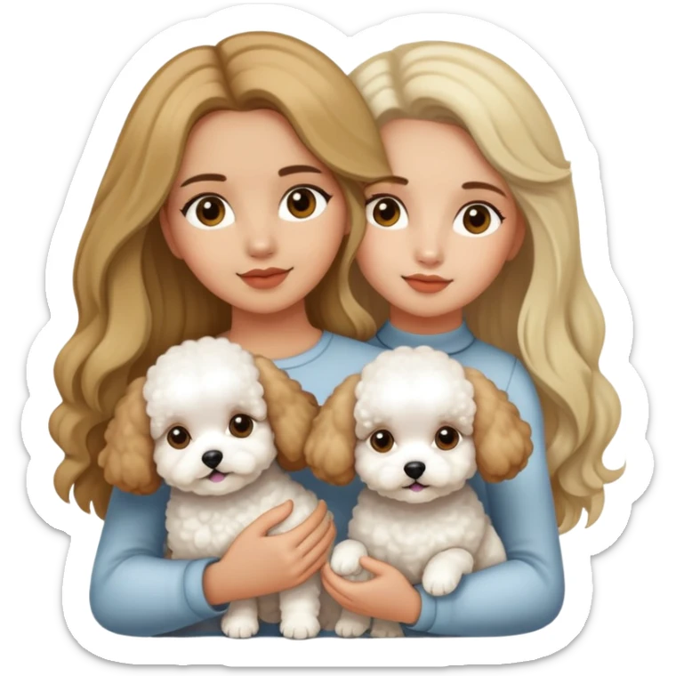 A beautiful olive skinned girl with long brownish blonde hair, holding 3 bichon frise's sticker