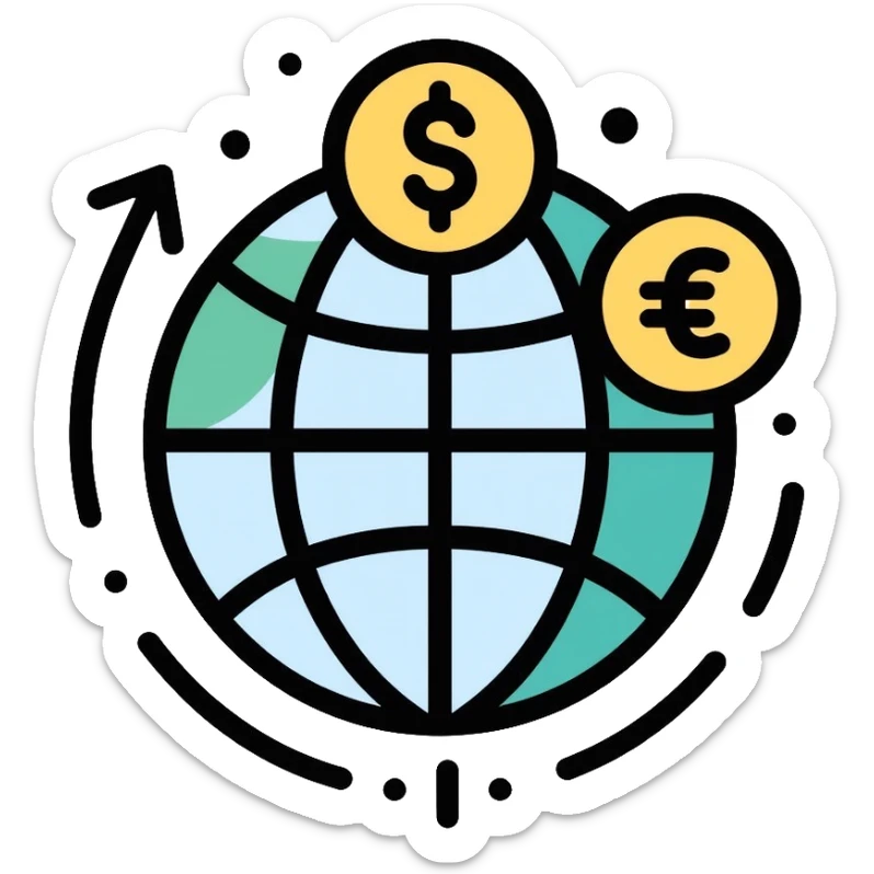 Globe with dollar, euro, and yen currency symbols representing global economy and international trade sticker