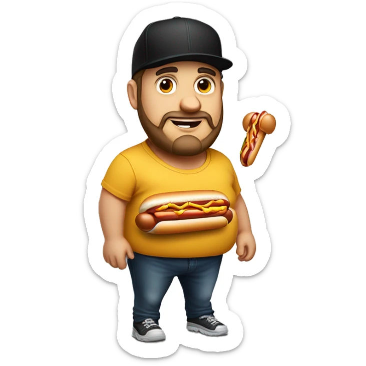 Fat Jewish man in his 30s wearing black trucker hat the image of a hot dog on it sticker