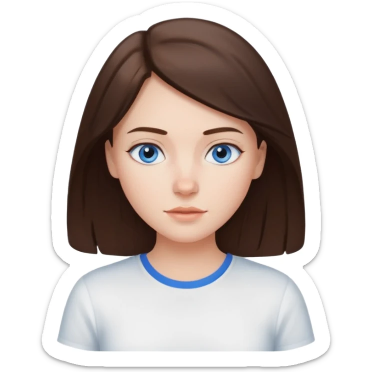 Create an emoji of a white Girl with brunette hair blue eyes faint freckles and hair to her shoulders wearing a white shirt sticker