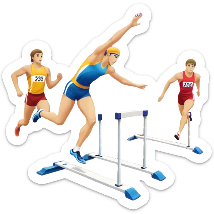 A collage of track and field equipment: a starting block, javelin, hurdle, discus, and high jump bar, symbolizing various disciplines. The background features a vibrant stadium with a running track, field events area, and cheering crowds.  sticker