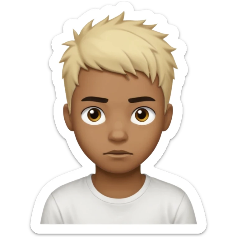 Black Male Teenager with Short punk messy blonde hair, Dark brown bushy eyebrows large expressive golden-brown eyes, wearing a plain white t-shirt, Dark Brown skin color. sticker