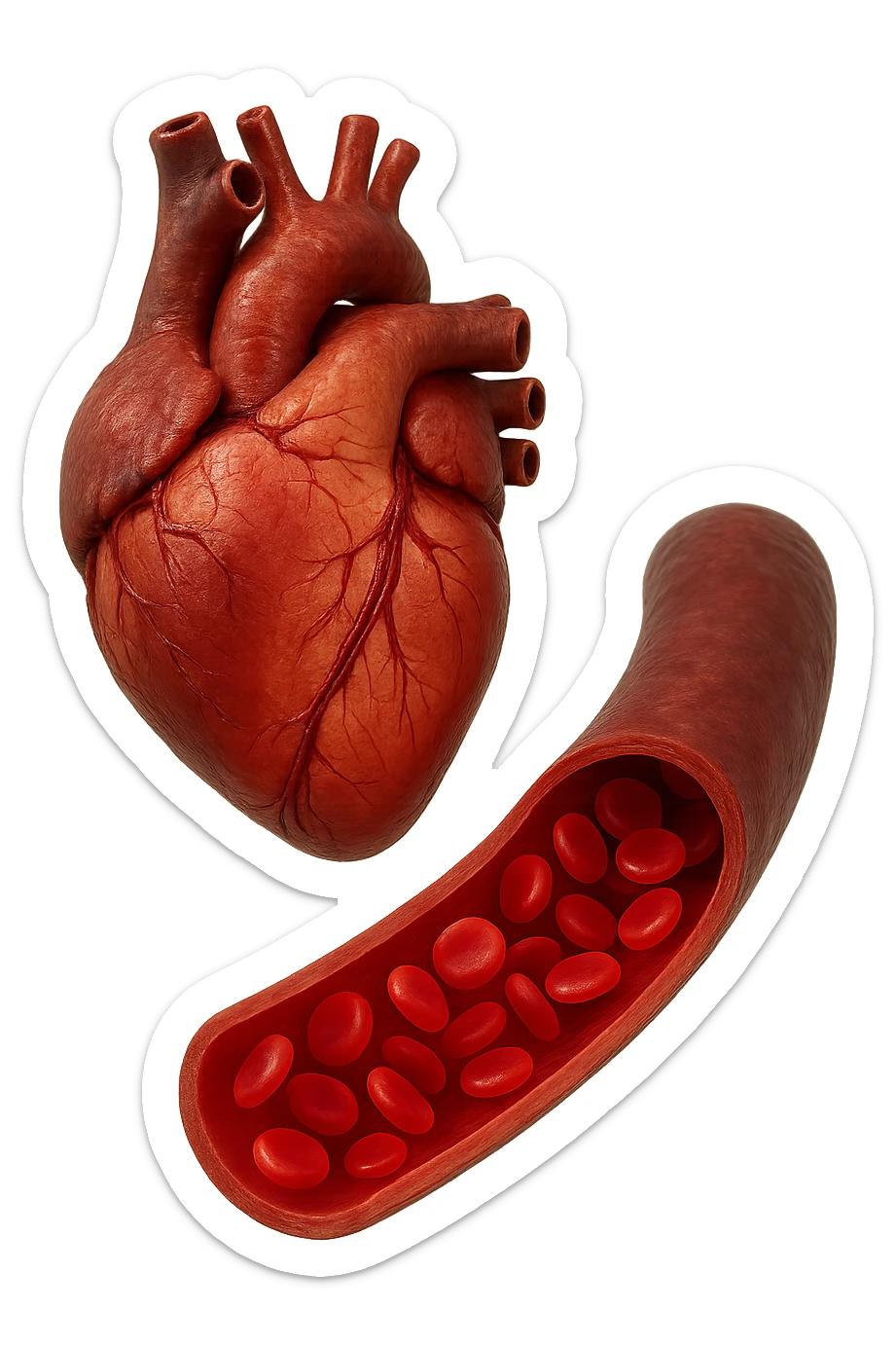 cuore anatomico umano fluttuano in aria insieme ad una vena umana con globuli rossi , iperrealistiche 4k sticker