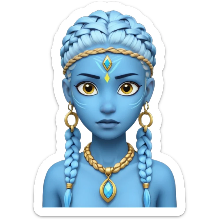Create an icon of a Na’vi-inspired female character with glowing blue skin, braided hair, tribal forehead markings, large expressive eyes, gold earrings, and a rope necklace with a golden pendant. The expression should be calm and serious, matching the style of the movie Avatar sticker
