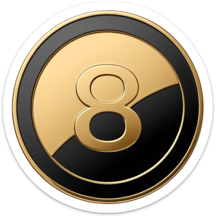 Emoji icon of a metal coin with engraved letter 8, minimalist style, isolated, only black color sticker