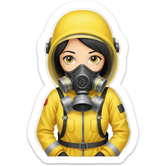  Sticker of a girl with straight black hair, wearing a yellow hazmat suit and a gas mask. Serious atmosphere, cartoon style, radiation danger background.  sticker