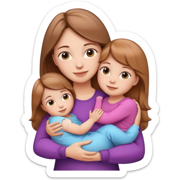 mother with light brown hair hugging two daughters, one 6 months old baby girl and one 5 years old girl, emoji style, simple shapes, bright colors, friendly expression sticker