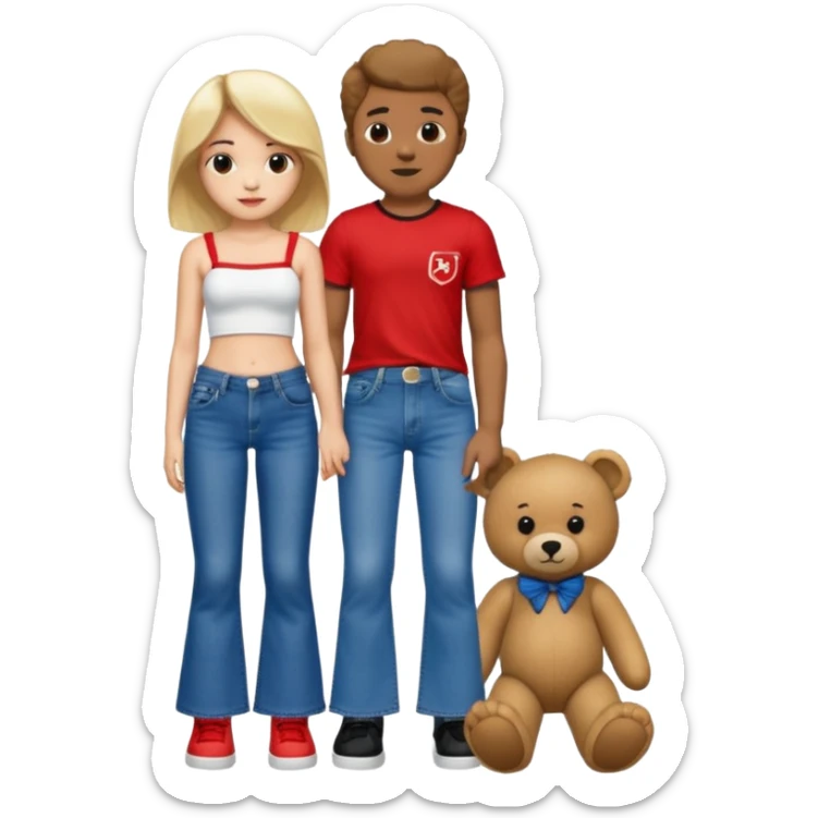 A boy and a girl teddy bear for the boy bear put on true religion shirt and jeans with black shoes and for the girl put flare jeans and a red tube top and white shoes just bears not the humans  sticker