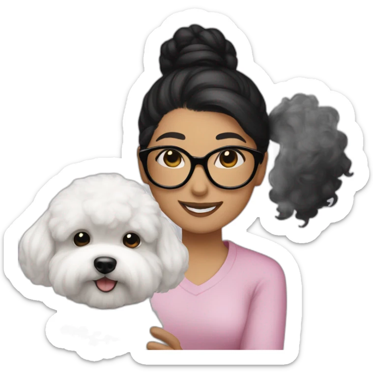 woman-black hair-bun-with glasses-with bichon dog-white-smile sticker