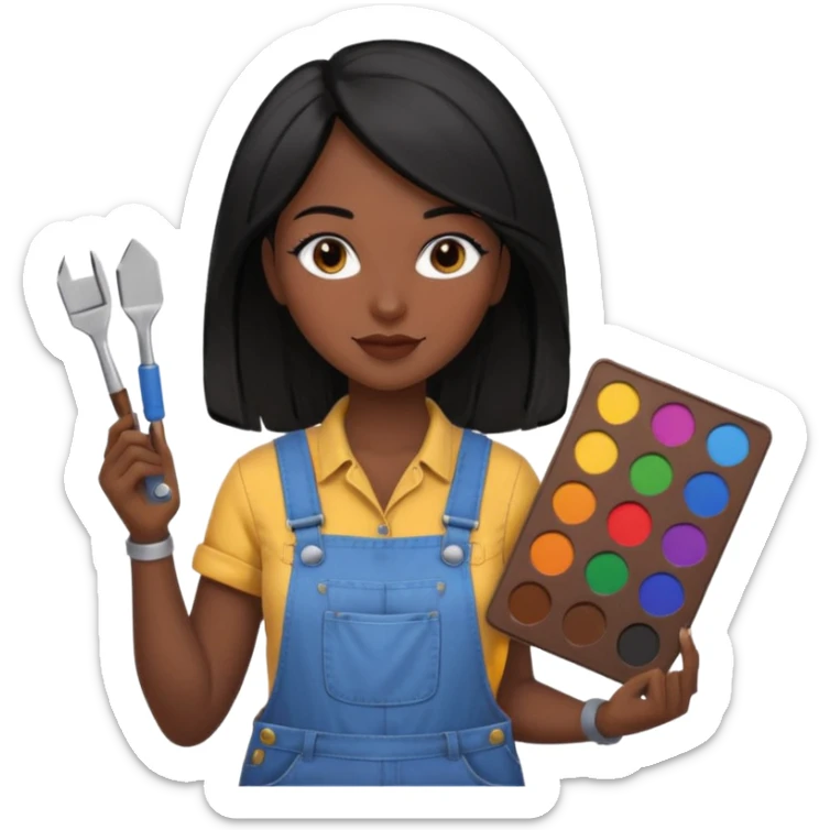 Créame emoji de una mujer que sea diseñadora industrial, pelo negra, piel morena, femenina con overol y una paleta de colores o herramientas de taller piel oscura chocolate cabello largo  sticker