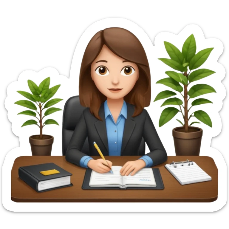 imagen de una mujer castaña en una oficina con escritorio, silla, notebook, agenda y una planta con un cartel que diga en español FUERA DE OFICINA sticker