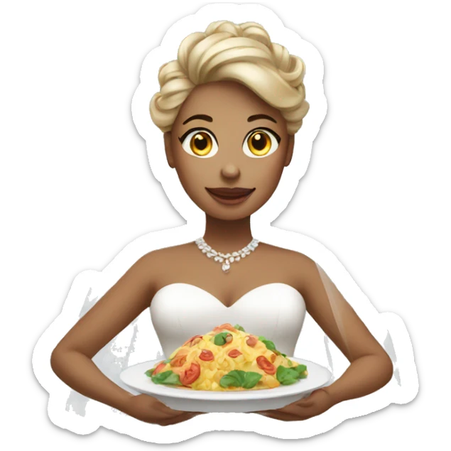 a woman on wedding dress holding a plate of food sticker