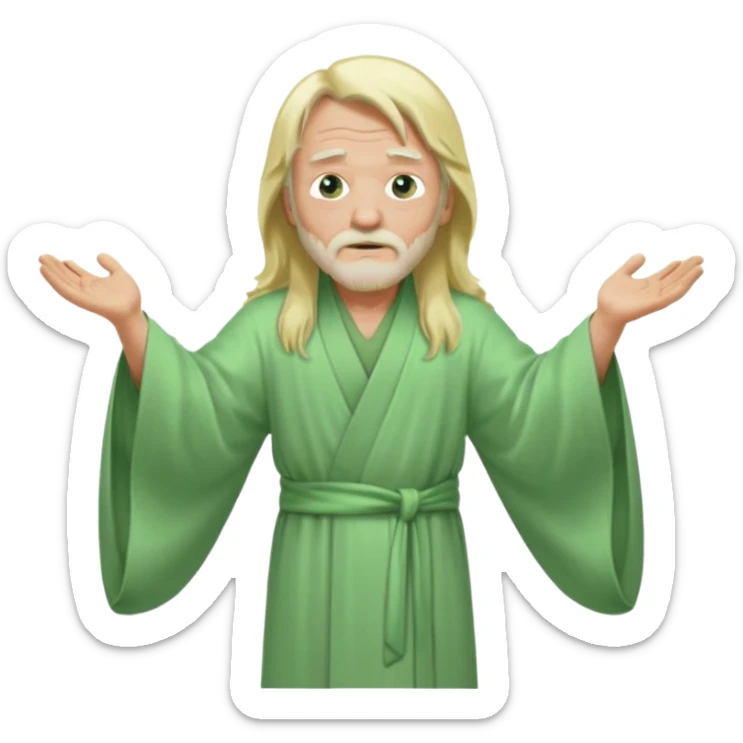 an old man, green eyes, long blonde hair, light green wide, flowing outer robe. opening arms, gazing thoughtfully. Soft light, subtle fern. Waist-up, profile. sticker