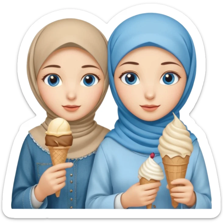 Turkish beautiful finish Konya two girls blue eyes with beige denim hijab islamic dress and had on her hand ice cream sticker