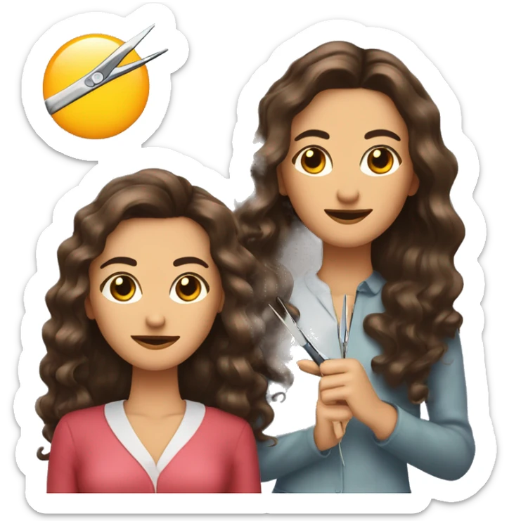 woman with long dark wavy hair holding tweezers and styling her friend eyebrows with scissors  sticker