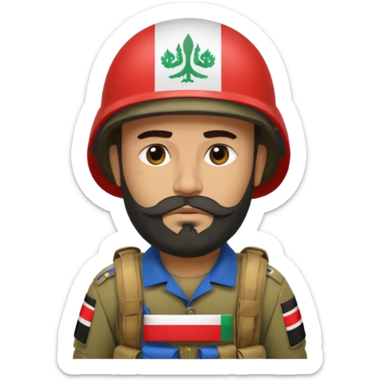 A very tired and sad, swarthy Iraqi soldier with a beard, an Iraqi flag on his helmet, a sad expression and bags under his eyes sticker