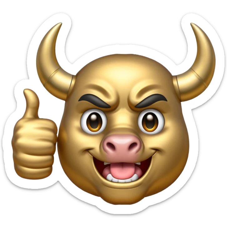 Emoji is an iron golden horseshoe with an angry powerful bull in the middle showing a thumbs up (Likes) sticker