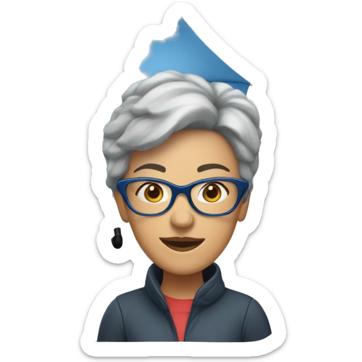 Woman with short gray hair and blue rimed glasses under umbrella sticker