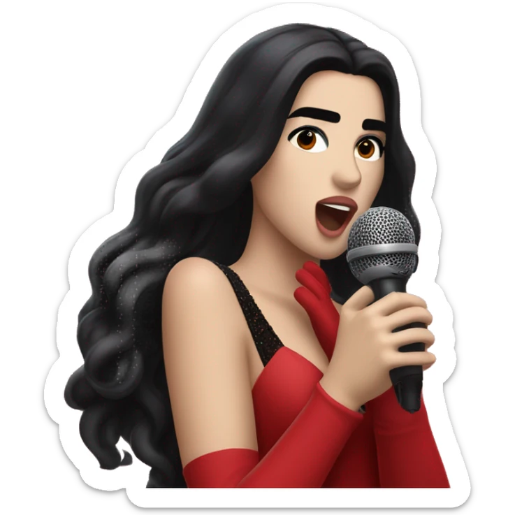 Dua Lipa with long dark hair and red gown and red gloves, singing with an old microphone sticker