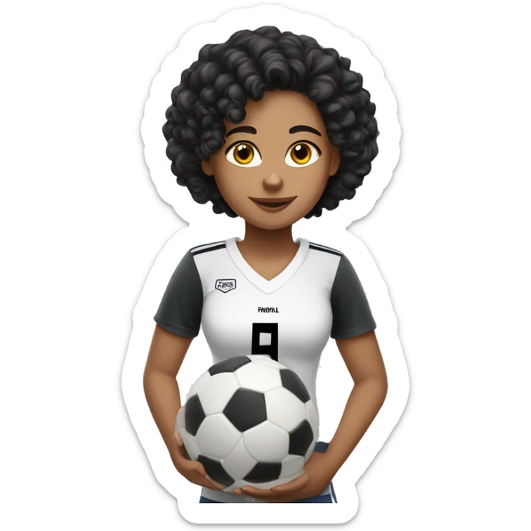 Caucasian girl with black curly hair in a football shirt with a football ball sticker