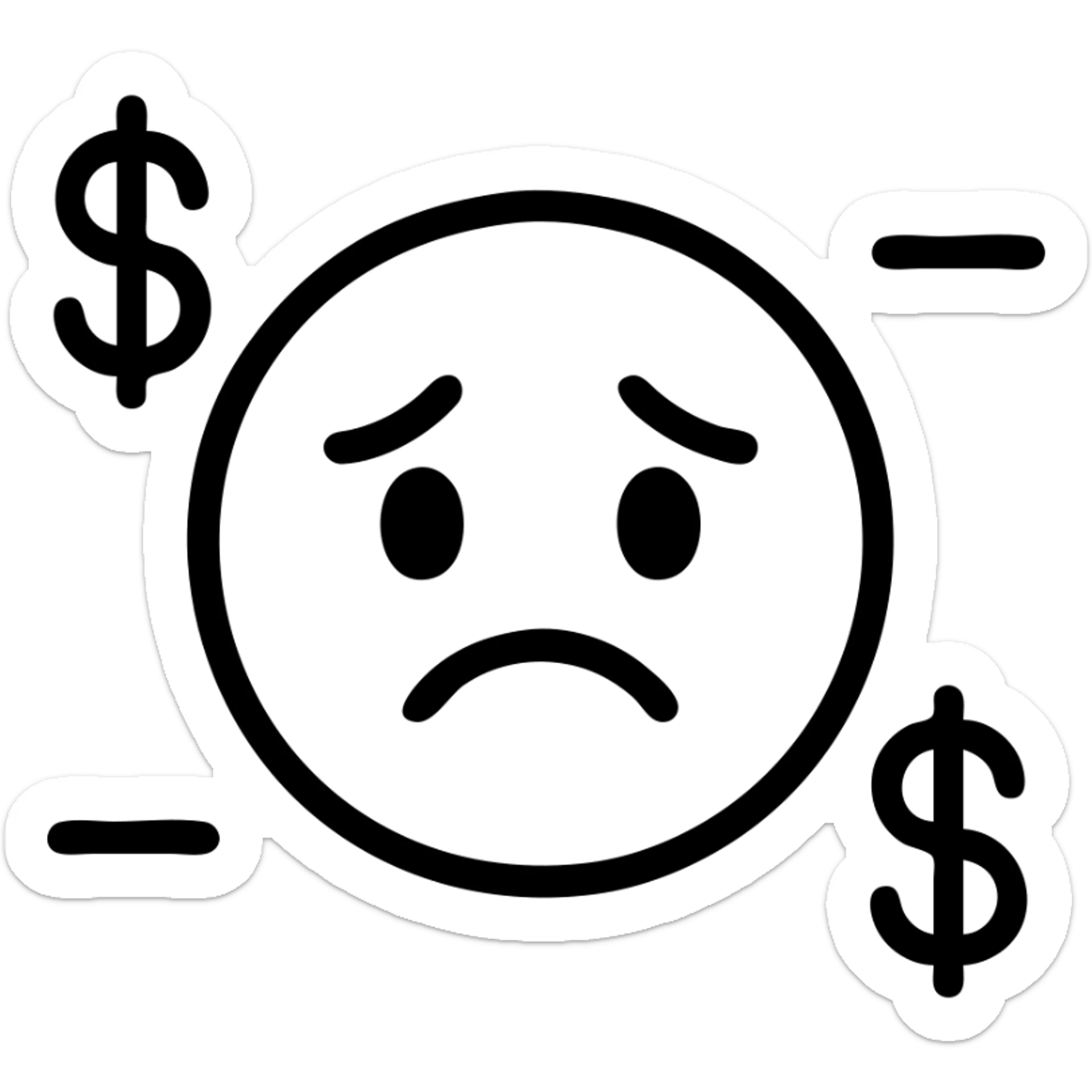 debt emoji icon of a sad face surrounded by dollar signs and minus symbols sticker