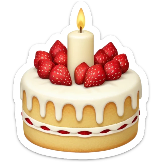 Jellycat vanilla cake with white frostting and strawberries on top with one candle  sticker