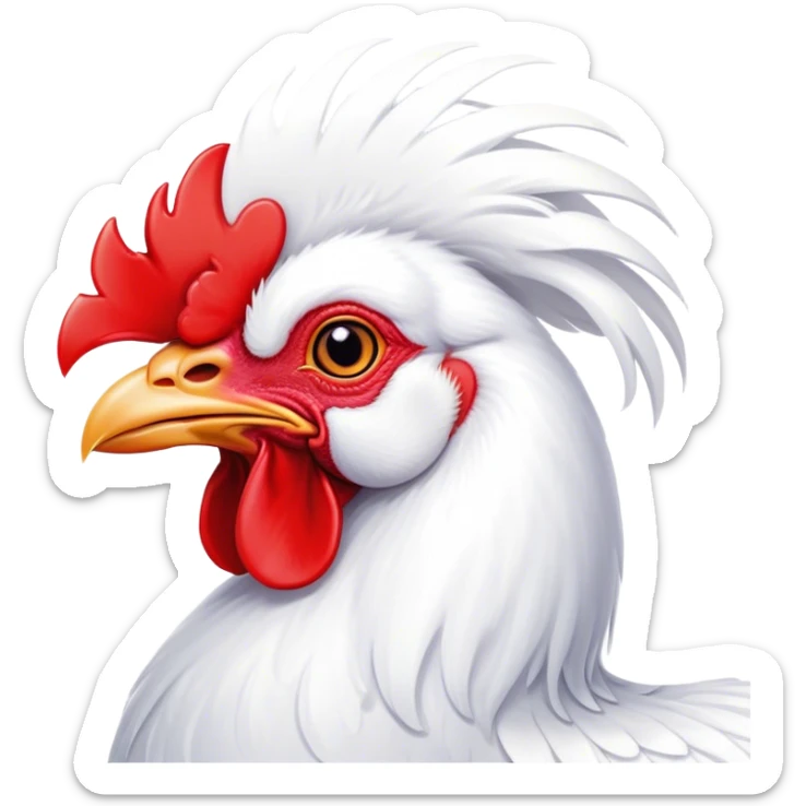 Cinematic Cute White Rooster Portrait Emoji, Head tilted playfully and inquisitively, featuring a glossy, immaculate white plumage with a vibrant red comb, round, sparkling eyes filled with curiosity, Simplified yet irresistibly adorable features, highly detailed, glowing with a warm, friendly glow, high shine, affectionate and spirited, stylized with a touch of farmyard whimsy, bright and endearing, soft glowing outline, capturing the essence of a mischievous yet loving rooster, so playful it feels like it could strut out of the screen and into your arms! sticker