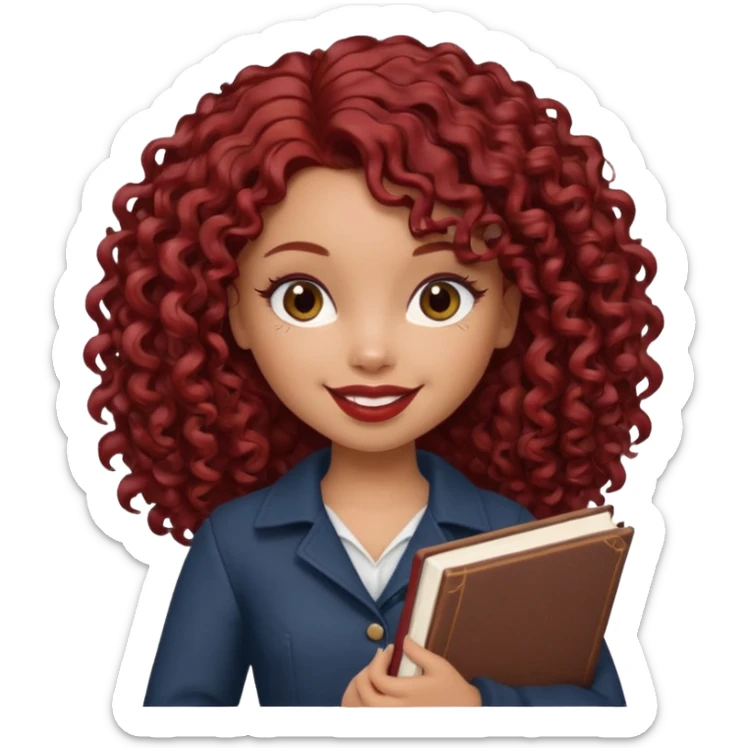generate a pretty bratz girl curly dark red hair, brown lipstick on, smiling. Book in hand sticker
